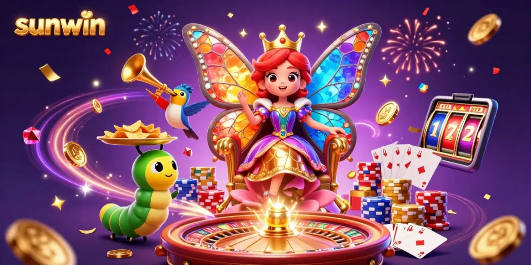 Engage with sunwin's winning games featuring an enchanting butterfly queen in a lively casino scene.