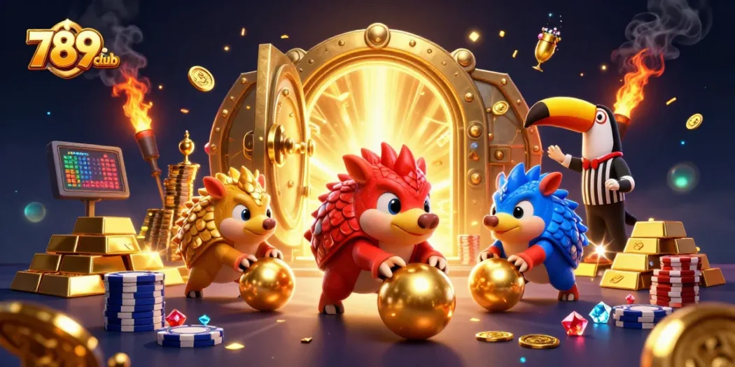Experience thrilling casino action at 789club where rival pangolins roll golden balls amidst poker chips.