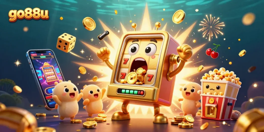 go88u jackpot celebration with a cartoon slot machine, coins flying, and vibrant casino elements