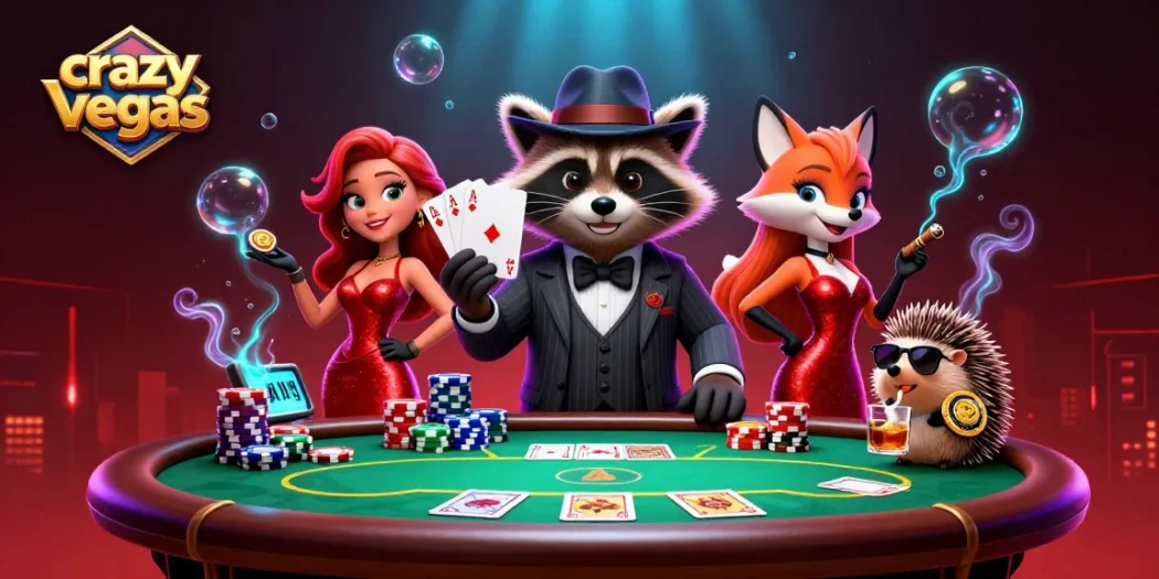 Experience the thrill of crazyvegas with a poker showdown featuring a raccoon and his companions.