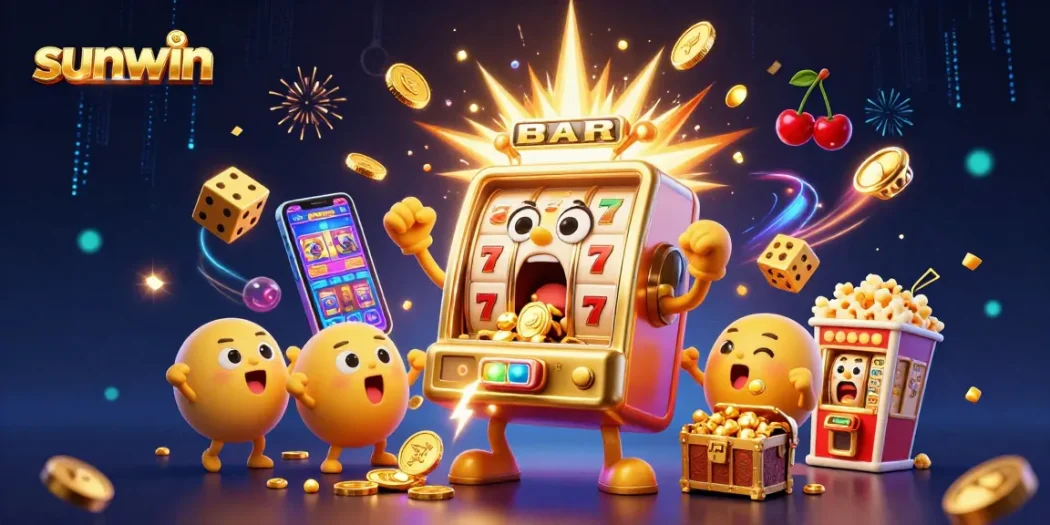 sunwin jackpots explode as a golden slot machine cheers with coins pouring out