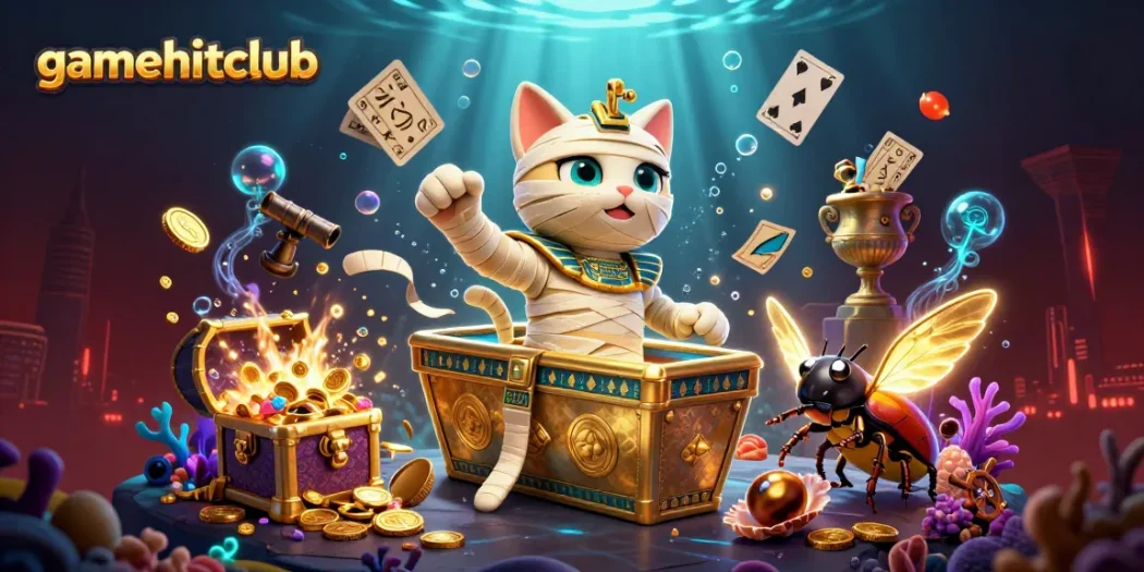 Engage with gamehitclub's dynamic Egyptian mummy cat and treasures in an exciting casino scene.