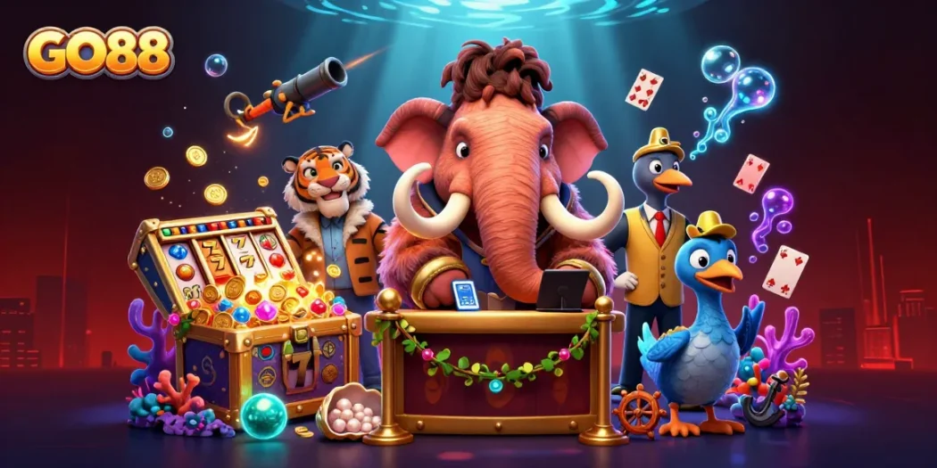 GO88 casino bouncer checks IDs at a vibrant scene filled with gold coins and slot machines.